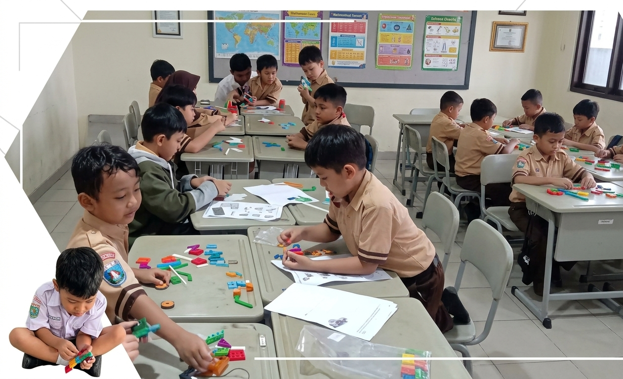Suasana kelas robotik: siswa merakit robot di meja belajar