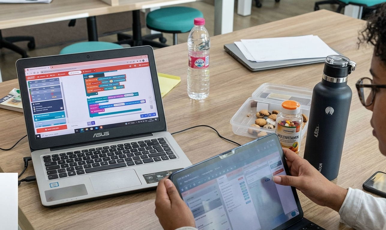 Trainer mendampingi siswa belajar coding dengan laptop