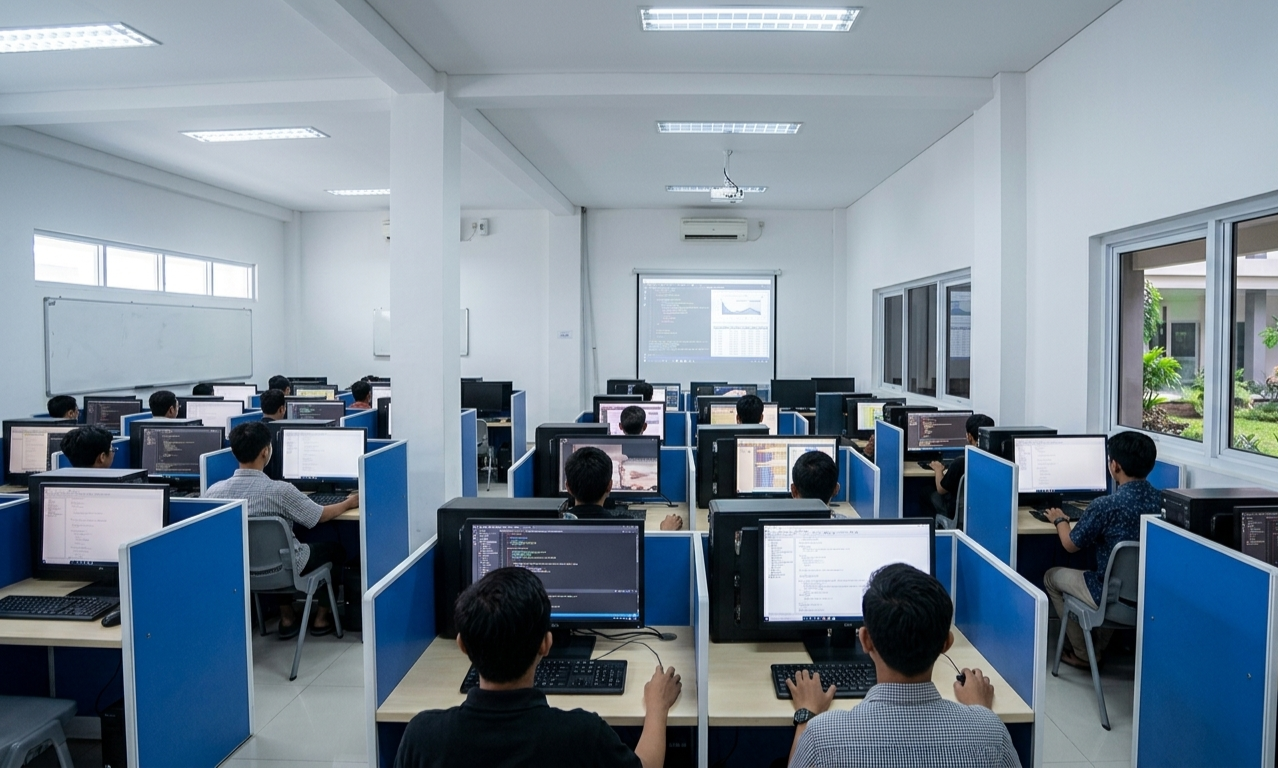 Siswa belajar coding di lab komputer